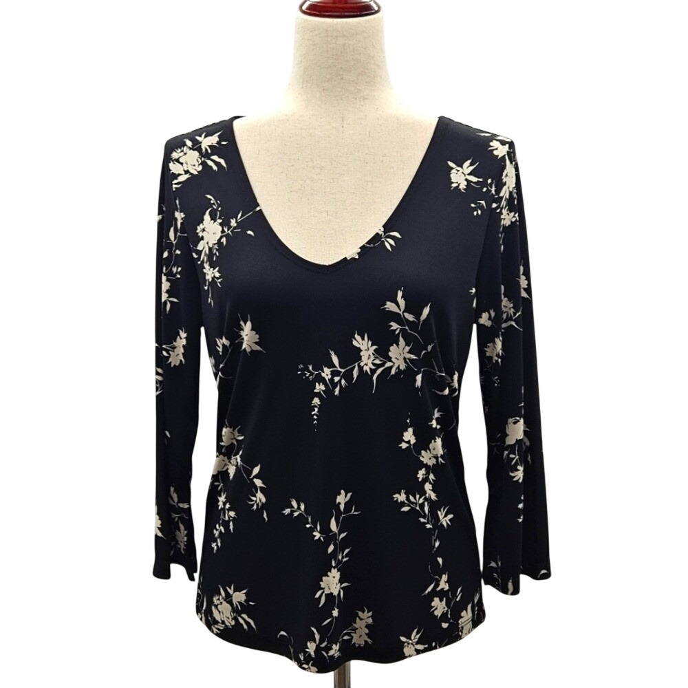 The Limited Womens Black Cream Floral V-Neck Long Sleeve Top‎ Size L